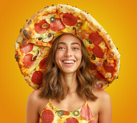 Woman smiles wearing a wide-brimmed pizza hat over orange backgr