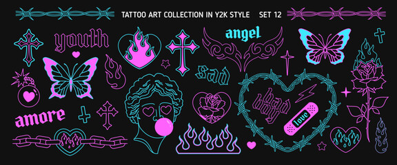 Wall Mural - Y2k Glam Tattoo Art set in 2000s style. Y2k Emo Goth heart, butterfly, chain, flame silhouette. Opium style fashion. Barbed wire frame. Goth Tattoo line art stickers. Printable vector designs