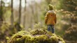 Dziecko stoi na kamiennej skale w lesie porośniętej mchem. Obserwuje otaczającą przyrodę, praktykując uważność.