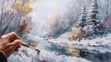 Fototapeta  - Osoba maluje pędzlem zimowy pejzaż przy użyciu farb akwarelowych. Scena przedstawia śnieżne widoki i uważnie dobierane detale.