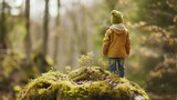 Fototapeta  - Dziecko stoi na kamiennej skale w lesie porośniętej mchem. Obserwuje otaczającą przyrodę, praktykując uważność.
