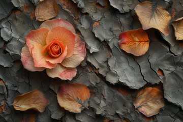 Poster - A macro view of a delicate flower petal juxtaposed with the rugged texture of weathered tree bark. Concept of nature's contrasts. Generative Ai.