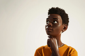 Think question doubt cartoon character young adult man person boy portrait in 3d style design on light background with copy space. Human people feelings expression concept
