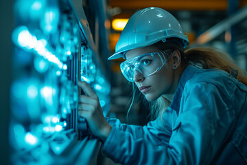 Poster - Engineers utilizing advanced robotics in the production of energy-efficient appliances designed to reduce environmental impact. Concept of eco-friendly appliances. Generative Ai.
