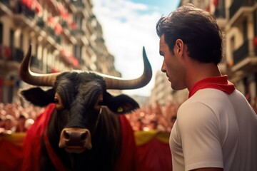 portrait of a young man in red and white t-shirt with bull on the street . bullfight concept. encier