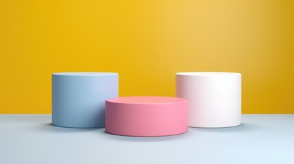 Poster - Three different colored cylinders on a bright yellow background. Perfect for graphic design projects or abstract concepts