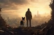 A man and his dog standing on a hill overlooking a city. Suitable for various outdoor and travel concepts