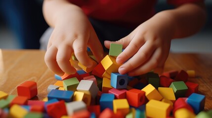 Poster - Child playing with wooden blocks, suitable for educational and family-themed designs