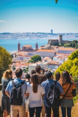 Poster - Group of people standing on top of a hill, ideal for outdoor and teamwork concepts
