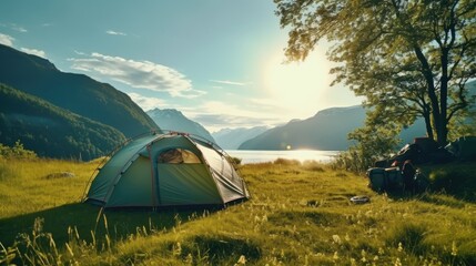 Aufkleber - A tent pitched up in a field next to a lake. Suitable for outdoor and camping themes