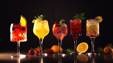 Poster - Row of glasses filled with various drinks, perfect for beverage concepts