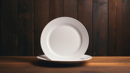 Poster - A simple white plate on a rustic wooden table. Perfect for food and kitchen concepts