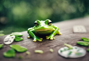 Wall Mural - Green Frog on wooden background