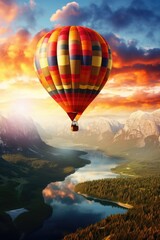 Canvas Print - A vibrant hot air balloon soaring above a serene lake. Ideal for travel and adventure concepts