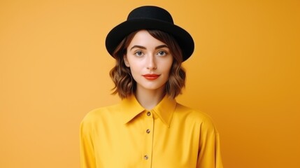 Aufkleber - A woman wearing a yellow shirt and black hat, suitable for various concepts and projects