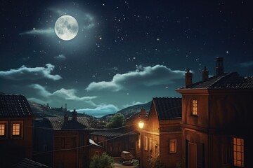 Poster - A serene night scene with a full moon in the sky. Suitable for various designs and projects