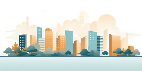 Poster - Cityscape with tall buildings and trees in the foreground. Suitable for urban development concepts