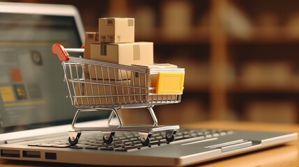 Poster - A shopping cart placed on top of a laptop computer. Suitable for technology and online shopping concepts