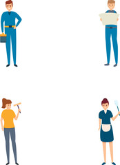 Poster - Service staff icons set cartoon vector. Man and woman in uniform with tool. Service sector