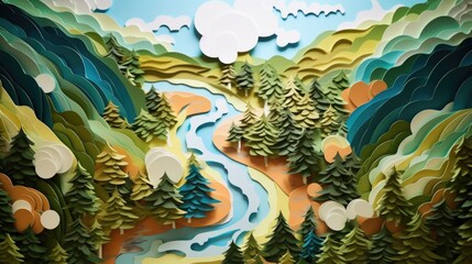 Poster - Paper cut of a river surrounded by trees. Suitable for nature and landscape themes