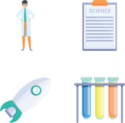 Poster - Science icons set cartoon vector. Scientist making research in laboratory. Modern technology, education