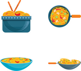 Sticker - Noodle icons set cartoon vector. Asian noodle in frying pan and bowl. Traditional japanese cuisine