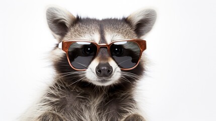 Aufkleber - A raccoon wearing sunglasses on a white background. Perfect for summer and wildlife concepts
