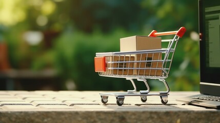 Poster - Shopping cart placed on table next to laptop. Suitable for e-commerce concepts