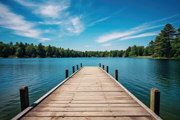 A serene dock on a lake with a lush forest backdrop. Ideal for nature and outdoor themed projects