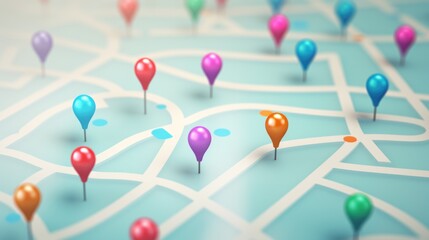 Fototapete - A detailed map with numerous colorful pins. Ideal for travel and navigation concepts