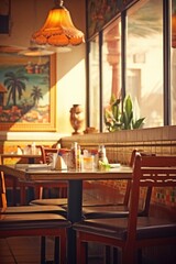 Poster - Interior of a restaurant with a table and chairs, suitable for various commercial uses