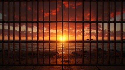 Poster - A dramatic image of the sun setting behind prison bars. Perfect for illustrating confinement or justice themes