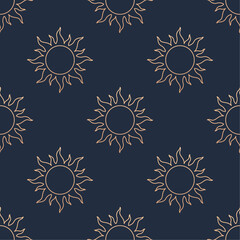 Wall Mural - Sun seamless pattern. Vector stylized bronze line elements on indigo blue background. Best for textile, wallpapers, wrapping paper, package and web design.