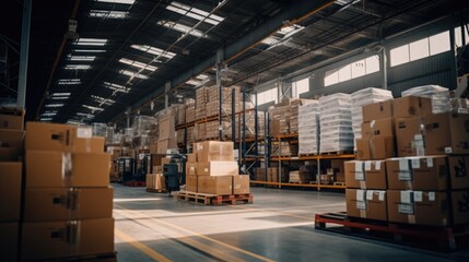 Poster - A warehouse filled with boxes and pallets, suitable for industrial concepts