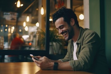 Aufkleber - A man sitting at a table with a cell phone. Ideal for business and technology concepts