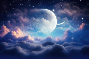 Poster - A serene night sky with a full moon and twinkling stars. Perfect for background use