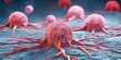 Vivid 3D illustration of cancer cells in a dynamic and aggressive environment signaling growth and spread, Generative AI