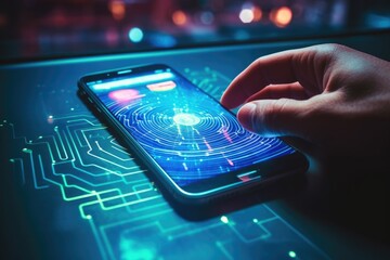 Aufkleber - A person holding a cell phone with a finger. Suitable for technology concepts