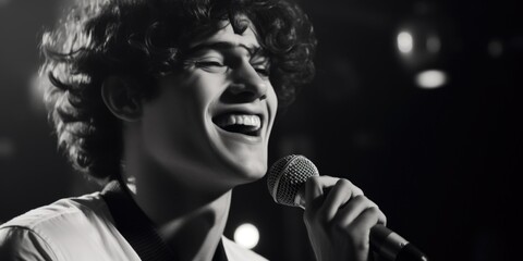 Aufkleber - A black and white photo of a man singing into a microphone. Suitable for music industry promotions