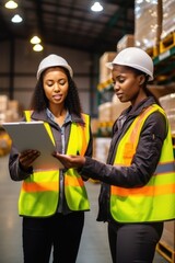 Aufkleber - Two women in safety vests looking at a tablet. Suitable for construction or technology concepts