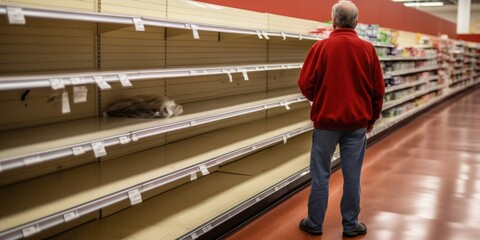 Poster - A man is examining bare shelves in a store, suitable for retail concepts