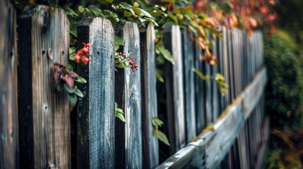 Canvas Print - a wooden fence with red berries