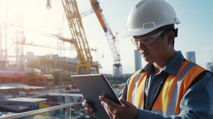 Poster - A man in a hard hat and safety vest using a tablet. Suitable for construction, technology, and industry concepts