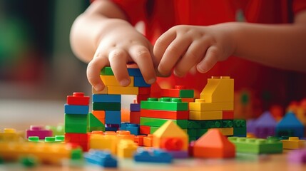 Poster - A child playing with a pile of colorful building blocks. Perfect for educational and childcare concepts