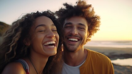 Poster - A man and a woman smiling at the camera. Suitable for various projects