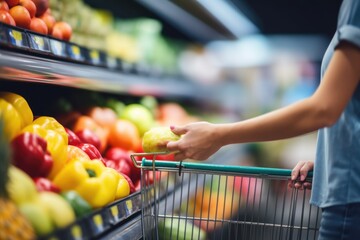 Poster - Person pushing a shopping cart in a grocery store, suitable for retail concept
