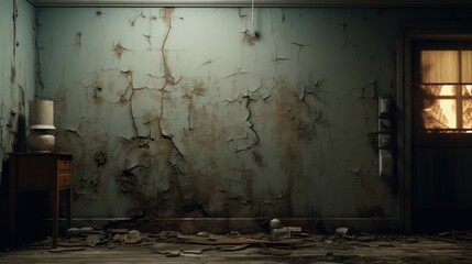 Poster - Interior of a room with peeling paint, featuring a window. Ideal for home renovation or urban decay themes