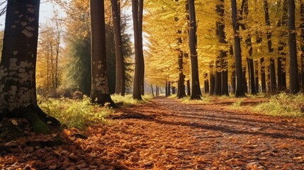 Aufkleber - A serene dirt road surrounded by tall trees in a peaceful forest setting. Ideal for nature and outdoor themed designs