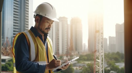 Poster - A man in a hard hat looking at a tablet. Suitable for construction industry concepts