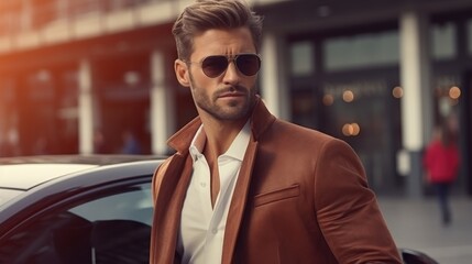 Poster - A man in a suit and sunglasses standing next to a car. Suitable for business and automotive concepts